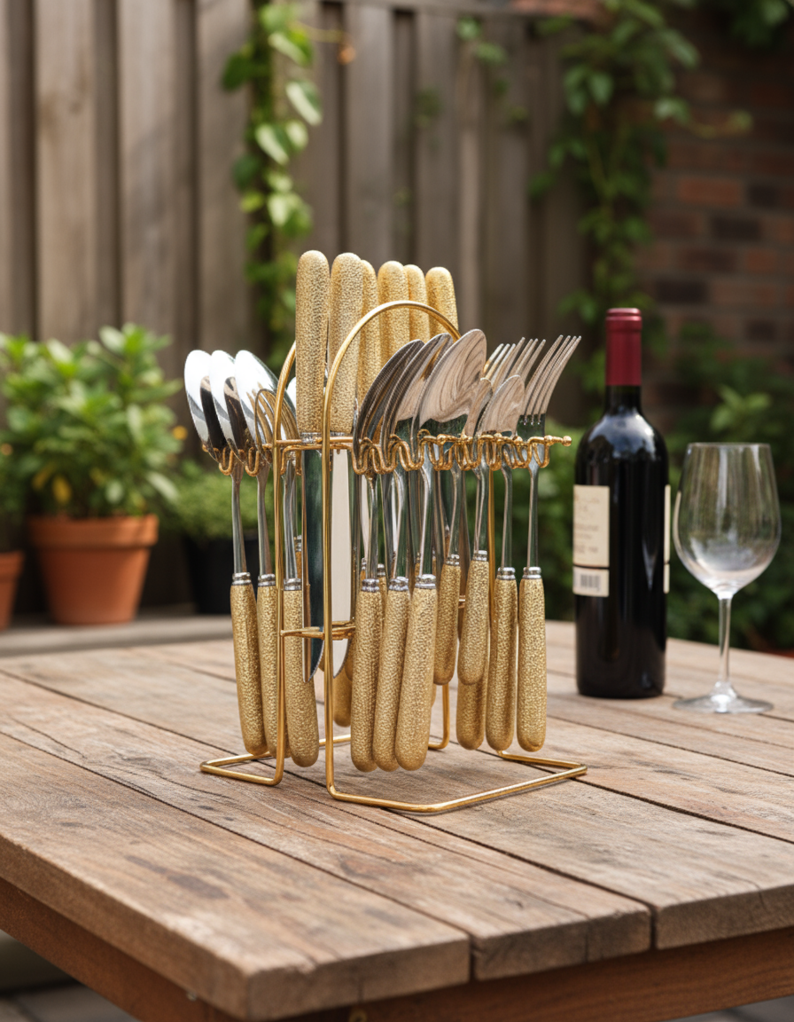 Conjunto de Talheres Dourado Imperial de Luxo com Suporte 24pcs