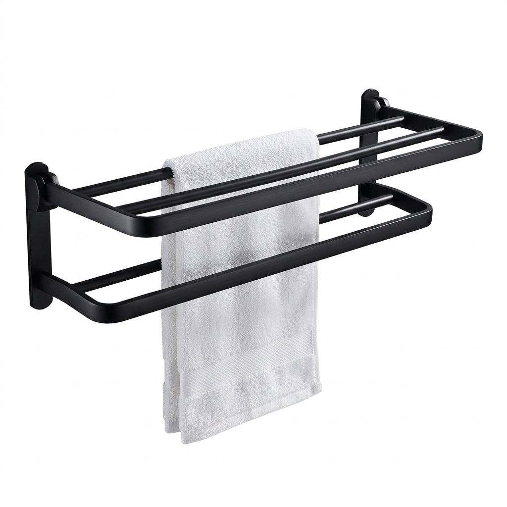 Toalheiro de Parede Duplo em Alumínio Preto Fosco para Banheiro Elegance