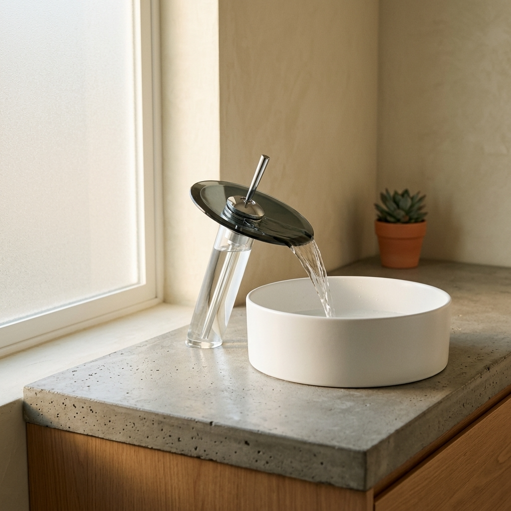 Torneira Cascata de Vidro e Metal Cromado para Banheiro Furo Unico Laton Soleil