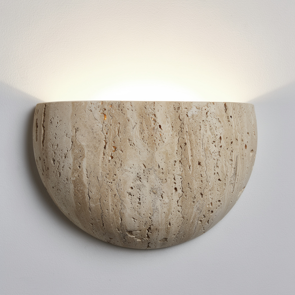 Arandela de Parede em Pedra Natural Travertino com LED Bivolt Formato Meia Lua Satori
