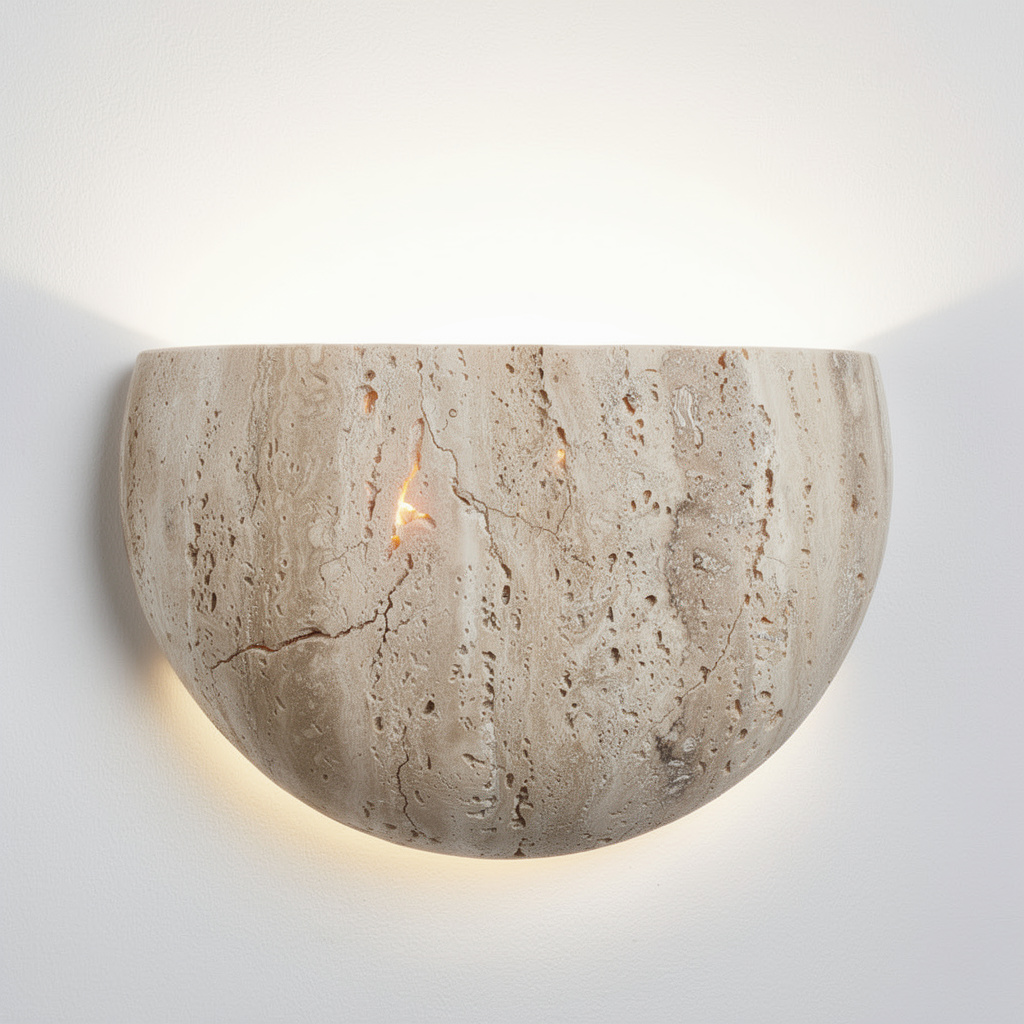 Arandela de Parede em Pedra Natural Travertino com LED Bivolt Formato Meia Lua Satori