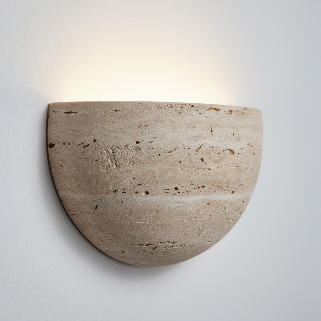 Arandela de Parede em Pedra Natural Travertino com LED Bivolt Formato Meia Lua Satori