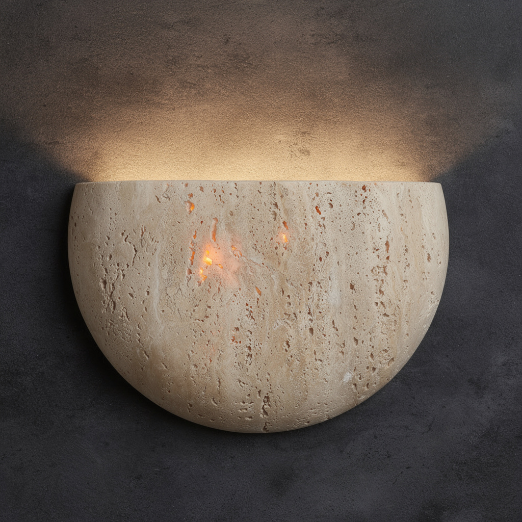 Arandela de Parede em Pedra Natural Travertino com LED Bivolt Formato Meia Lua Satori