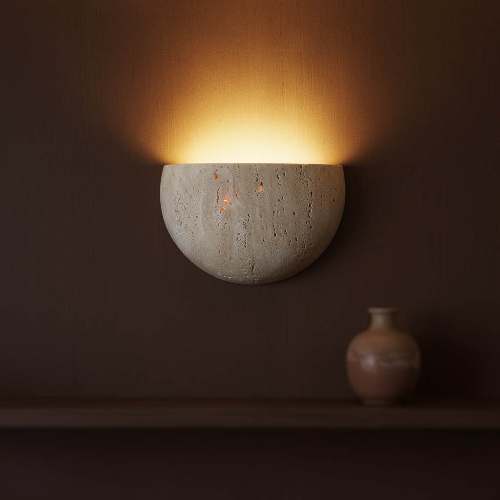 Arandela de Parede em Pedra Natural Travertino com LED Bivolt Formato Meia Lua Satori
