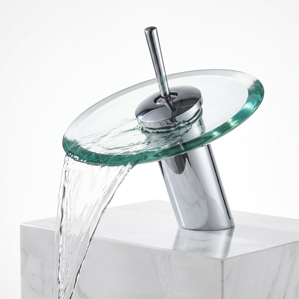 Torneira Cascata de Vidro e Metal Cromado para Banheiro Furo Unico Laton Soleil