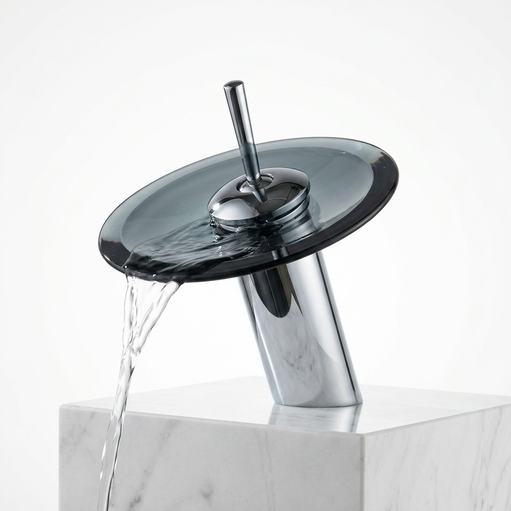 Torneira Cascata de Vidro e Metal Cromado para Banheiro Furo Unico Laton Soleil