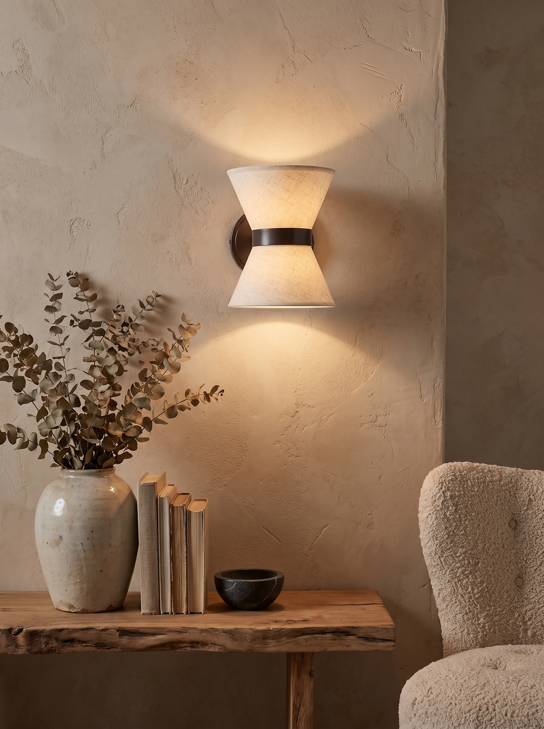 Arandela Wabi Sabi com Seda em ambiente inspirado na estetica wabi sabi