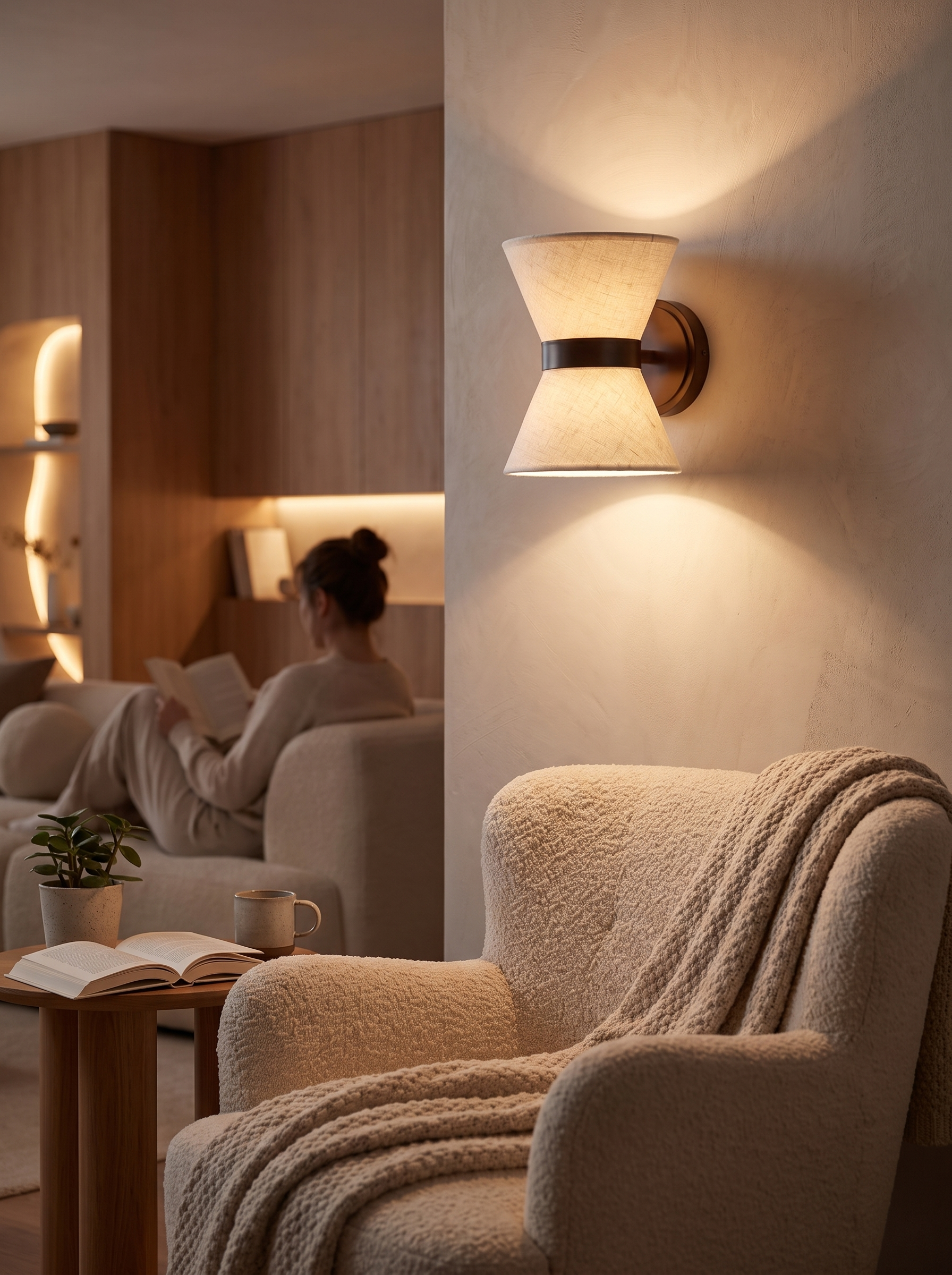 Arandela Wabi Sabi com Seda com luz filtrada e atmosfera intimista