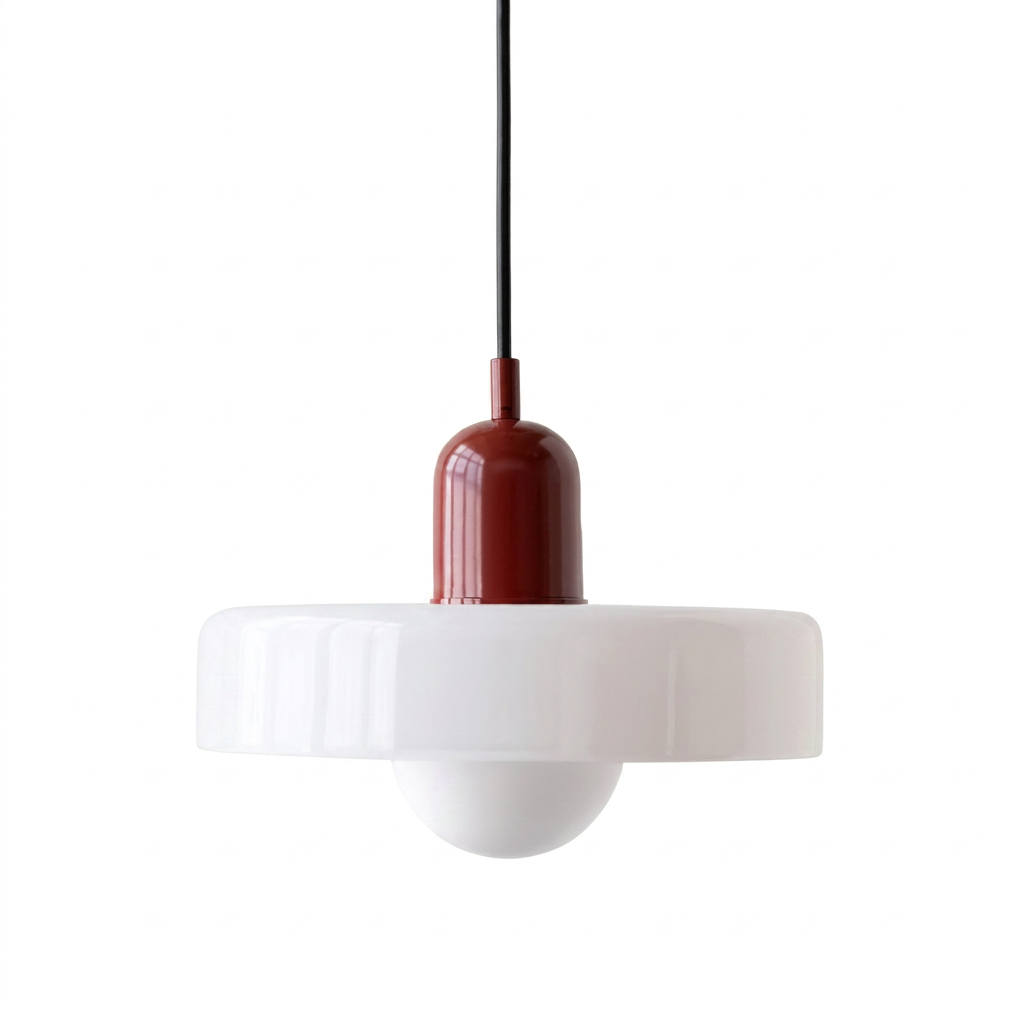 Pendente branco opala com capuz vinho em vidro soprado