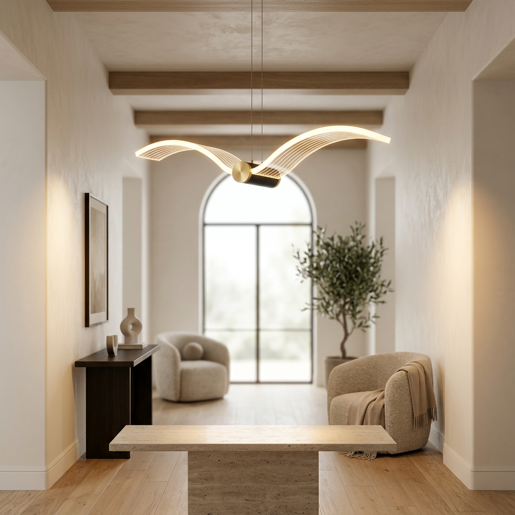 Luminaria Pendente LED Gaivota Acrilico Fosco Aluminio Dourado Bivolt 43cm SkyWings