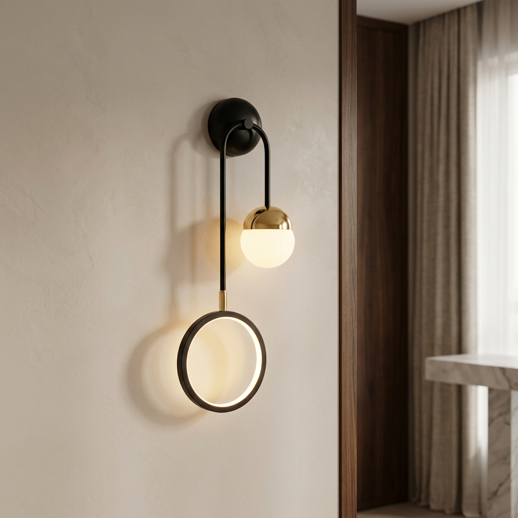 Arandela de Parede Metal Preto Dourado Globo Anel Circular Bivolt E27 48cm ContourGlow