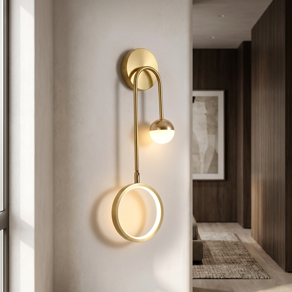 Arandela de Parede Metal Preto Dourado Globo Anel Circular Bivolt E27 48cm ContourGlow