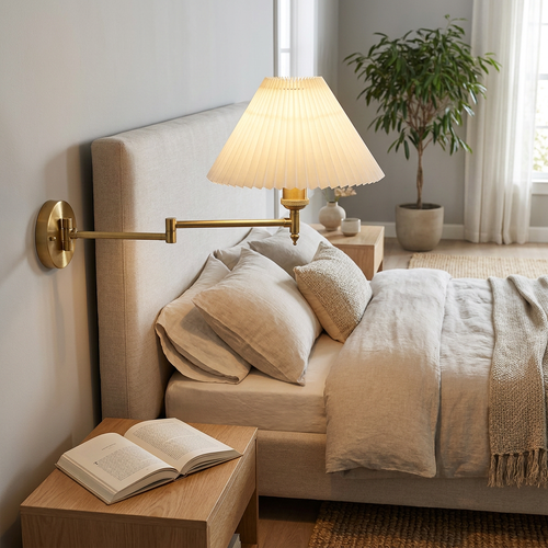 Arandela de Parede Articulada Ferro Cupula Conica Tecido Branco Braco 55cm Bivolt Lumi Swing