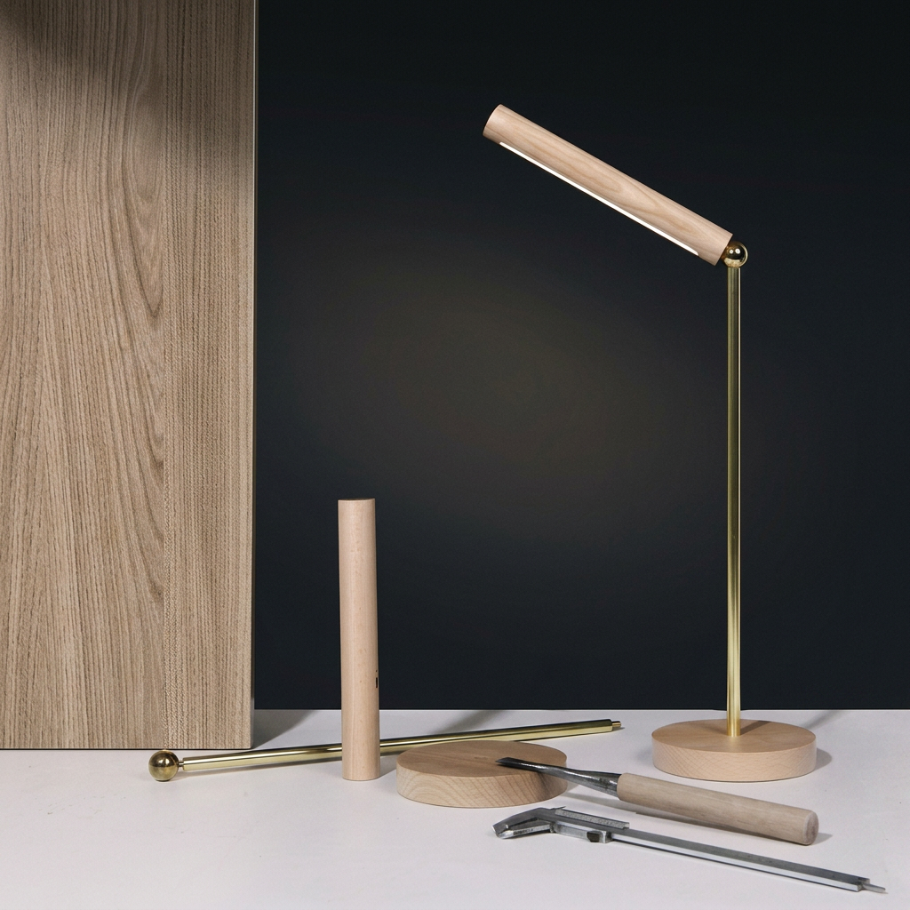 Luminaria de Mesa LED Articulada com Base de Madeira e Acabamento Dourado LumiDesk