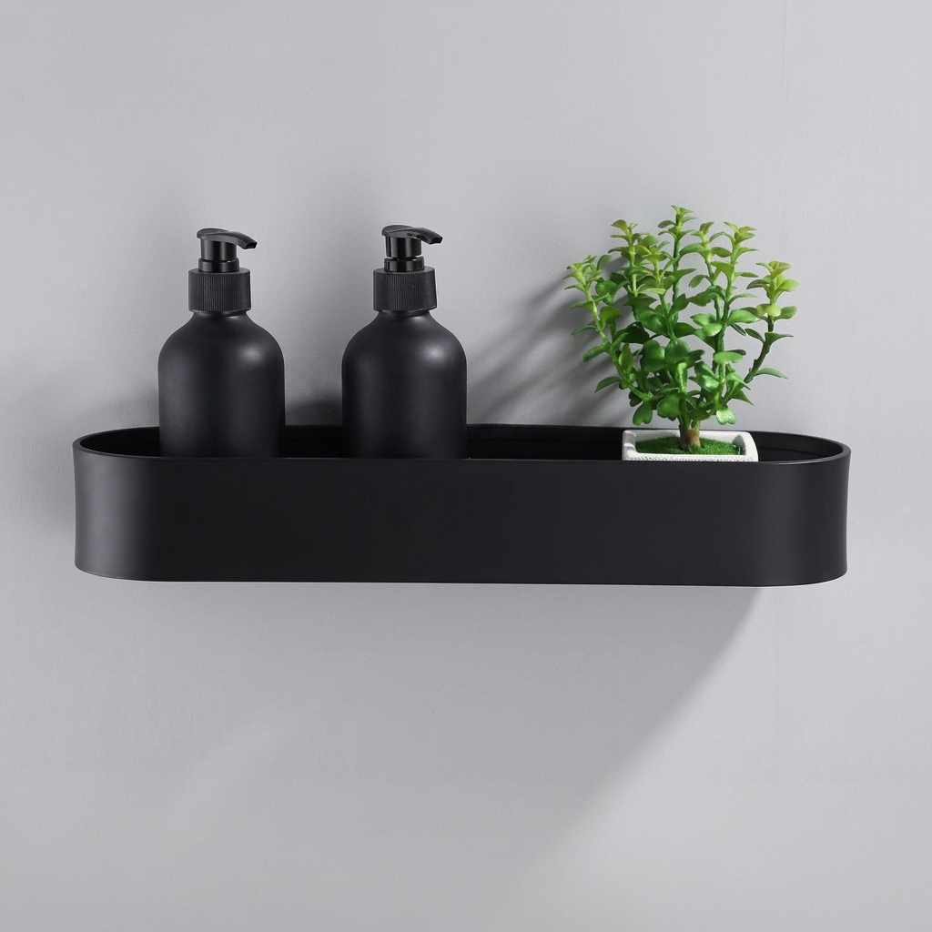 Prateleira de Aluminio Preta para Banheiro com Suporte de Toalha Integrado Modelo Noir