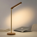 Luminaria de Mesa LED Articulada com Base de Madeira e Acabamento Dourado LumiDesk
