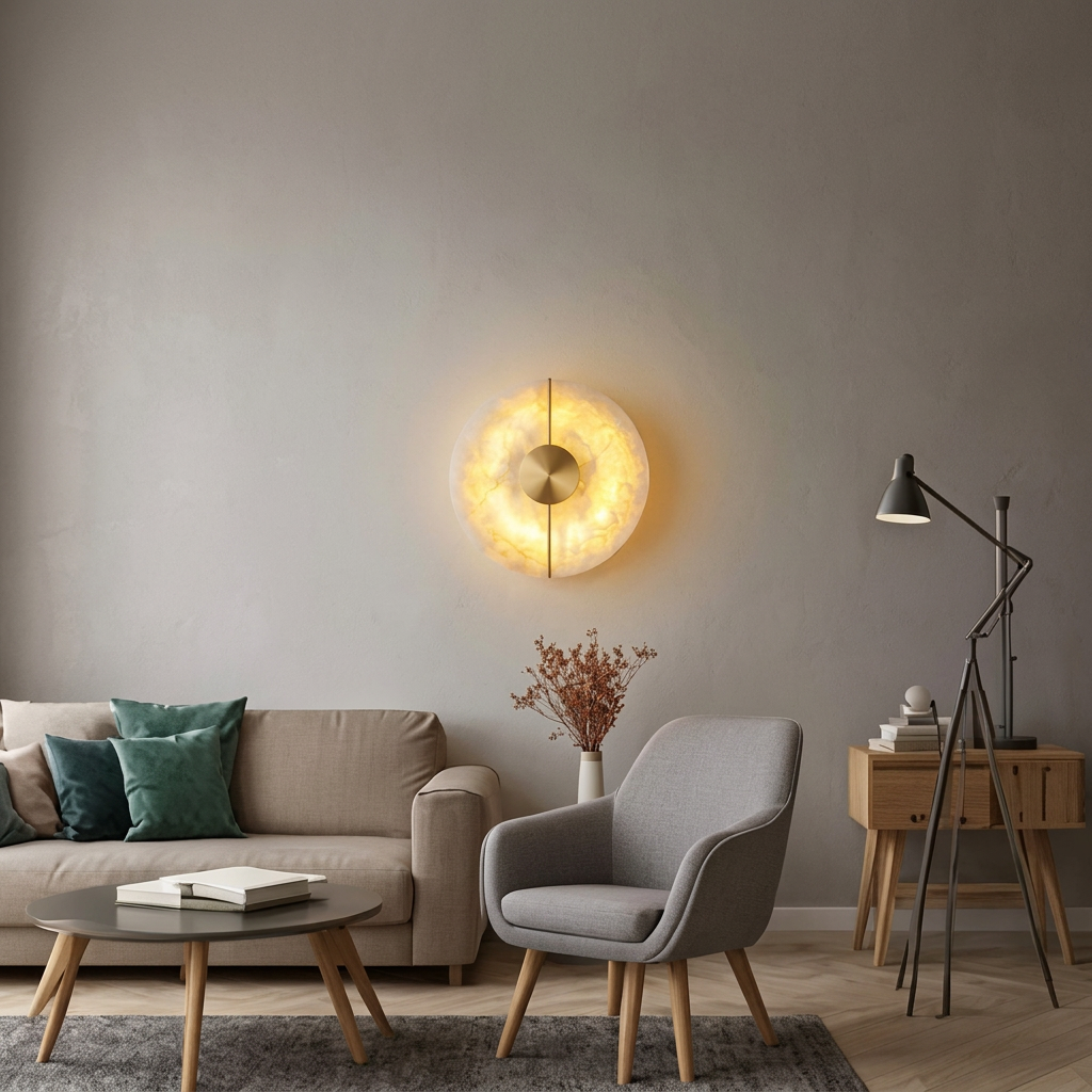Arandela de Parede Dourada Moderna Disco de Mármore Alabastro LED 20cm Âmbar