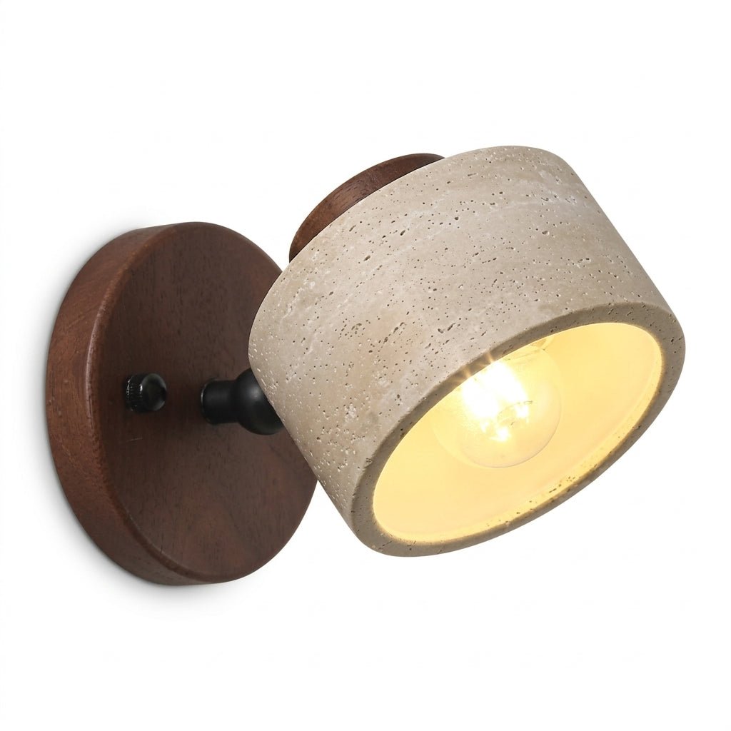 Arandela de Parede Articulada Wabi Sabi Travertino e Madeira LED Âmbar