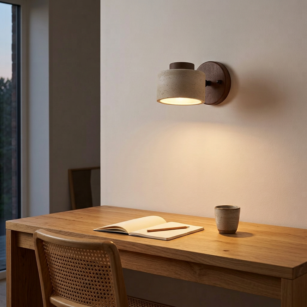 Arandela de Parede Articulada Wabi Sabi Travertino e Madeira LED Âmbar