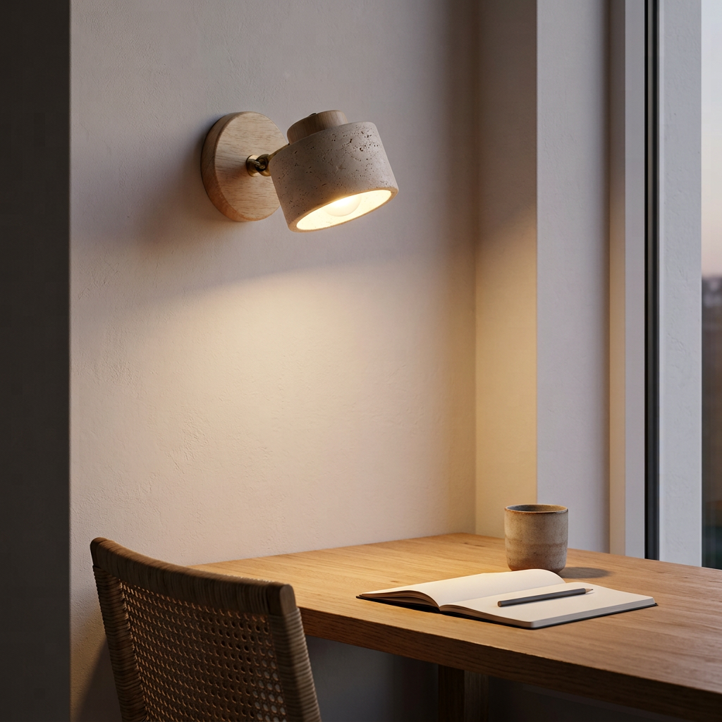 Arandela de Parede Articulada Wabi Sabi Travertino e Madeira LED Âmbar