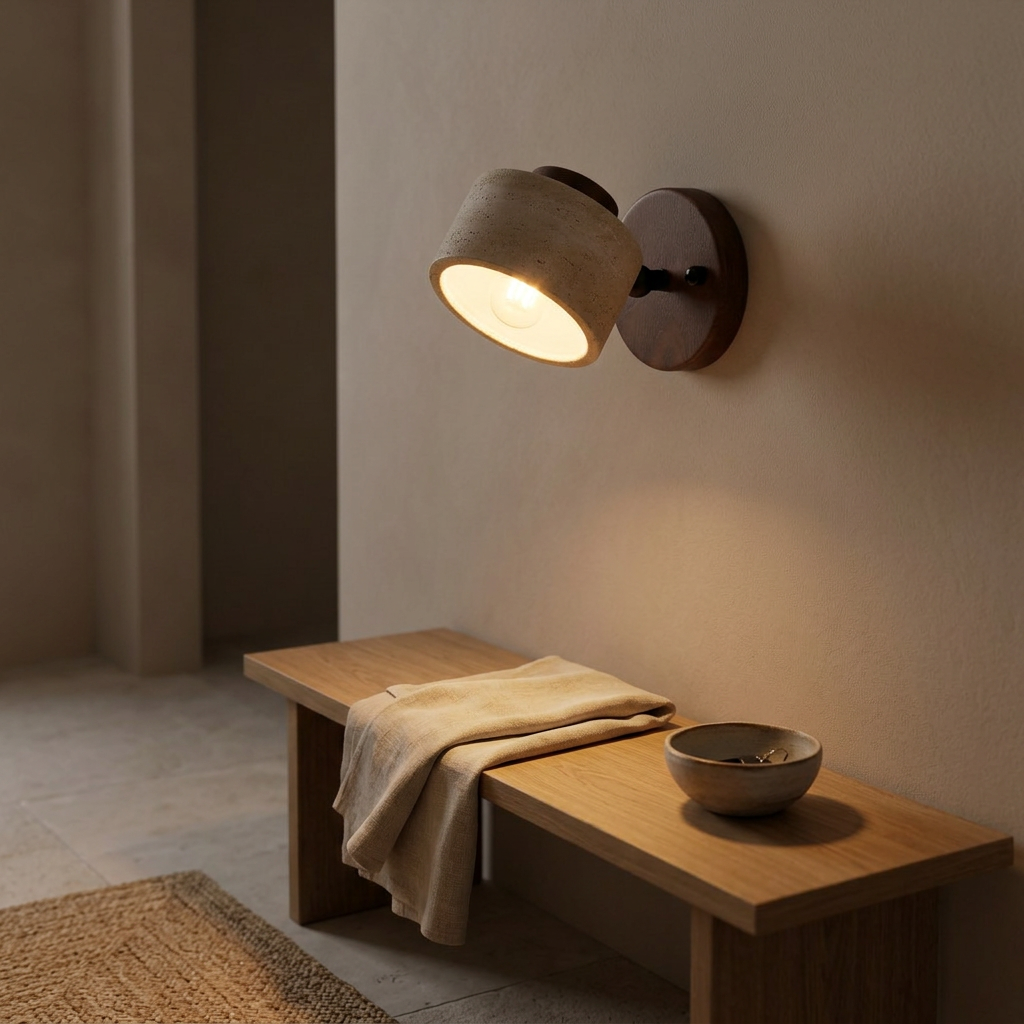 Arandela de Parede Articulada Wabi Sabi Travertino e Madeira LED Âmbar