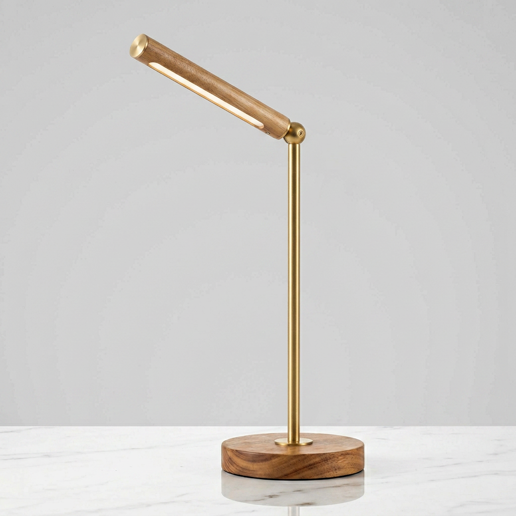 Luminaria de Mesa LED Articulada com Base de Madeira e Acabamento Dourado LumiDesk