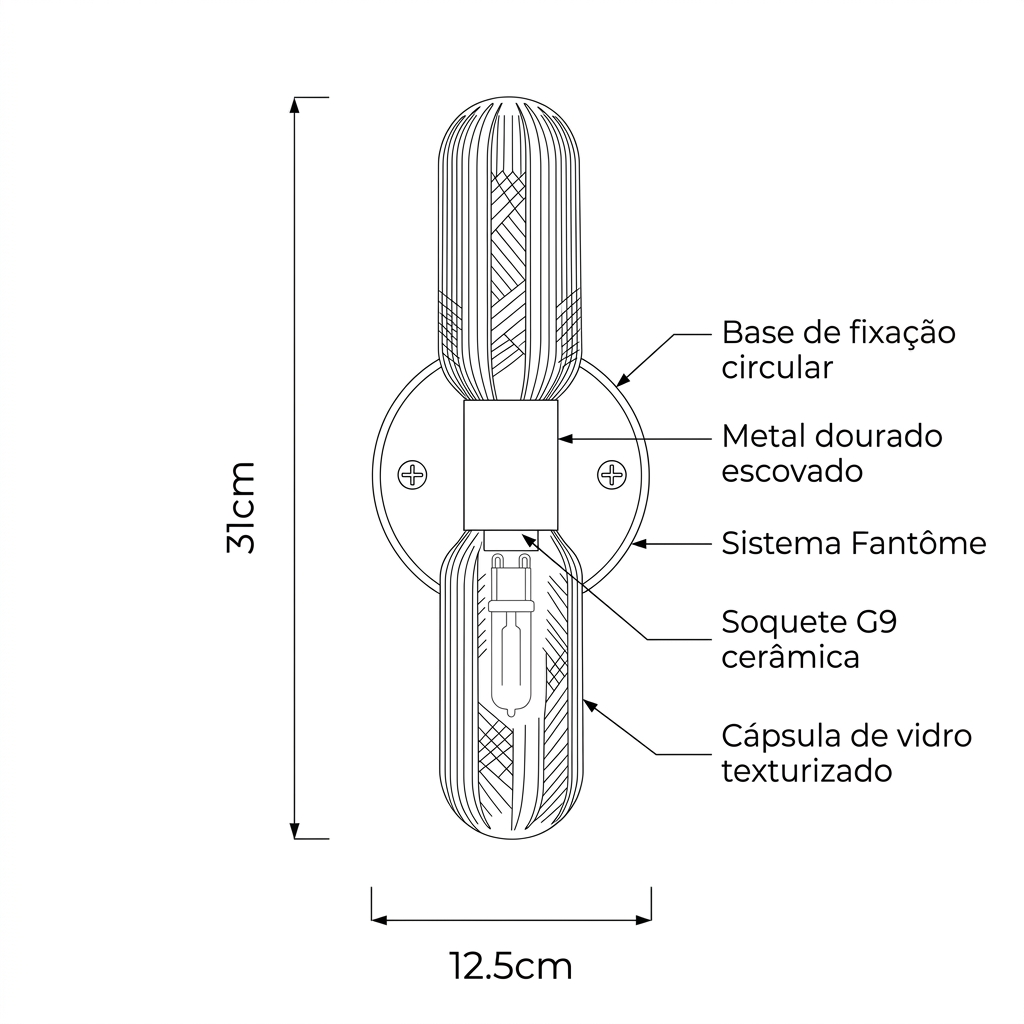 Arandela Dupla Ouro Envelhecido Vidro Canelado Lumiere