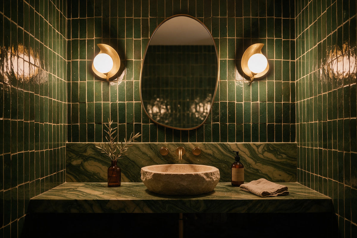 Lavabo com azulejos verdes, bancada de mármore, cuba de pedra, torneira e arandelas douradas