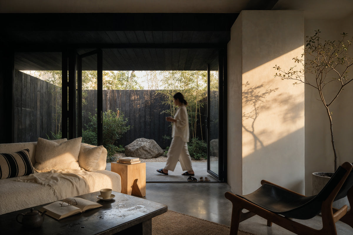 Sala de estar com sofá claro e mesa de centro, aberta para um jardim de bambu