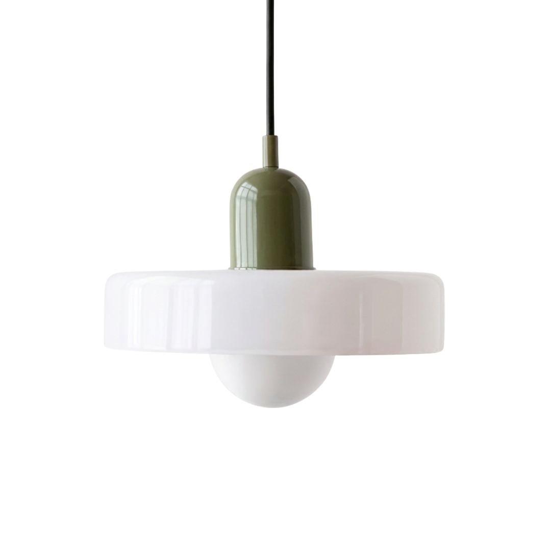 Pendente branco opala com capuz verde musgo em vidro soprado