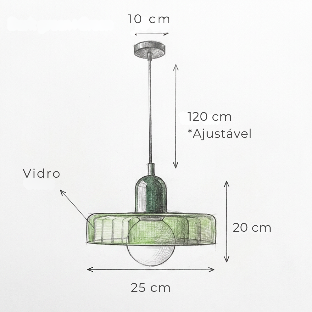 Medidas do pendente: 25cm de diametro, 20cm de altura, roseta 10cm, fio 120cm