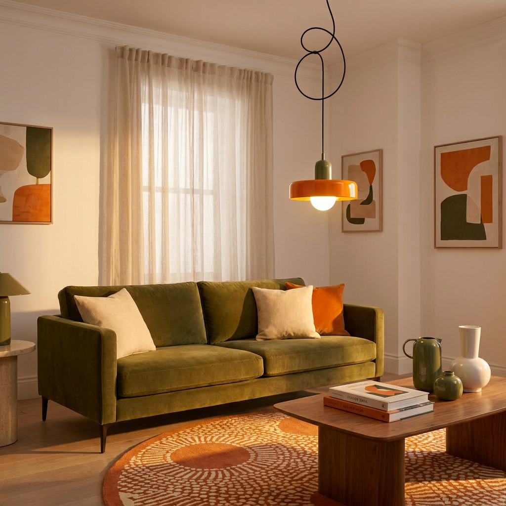 Pendente laranja de 25cm em sala de estar com sofa verde oliva
