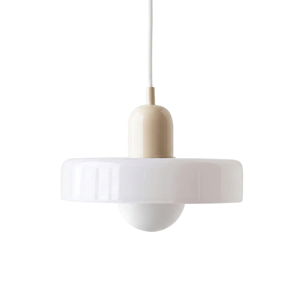 Pendente Bauhaus em vidro branco opala com capuz creme, disco de 25cm