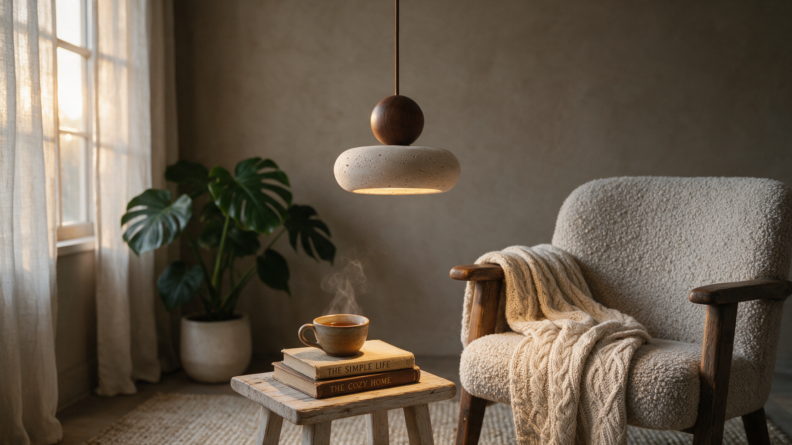 Pendente Wabi Sabi de pedra natural e madeira sobre canto de leitura com poltrona