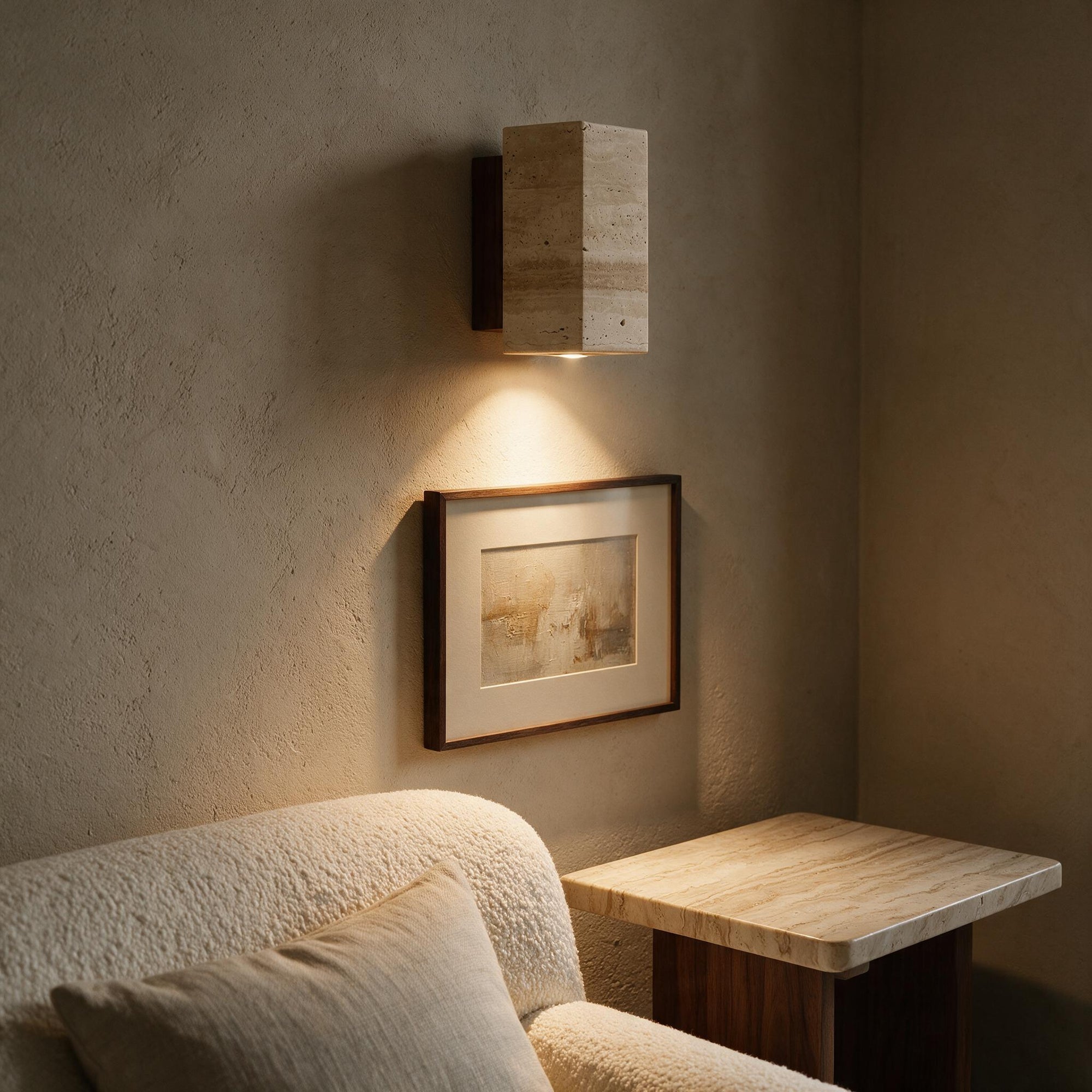 Arandela quadrada de travertino acesa sobre quadro em parede de sala de estar
